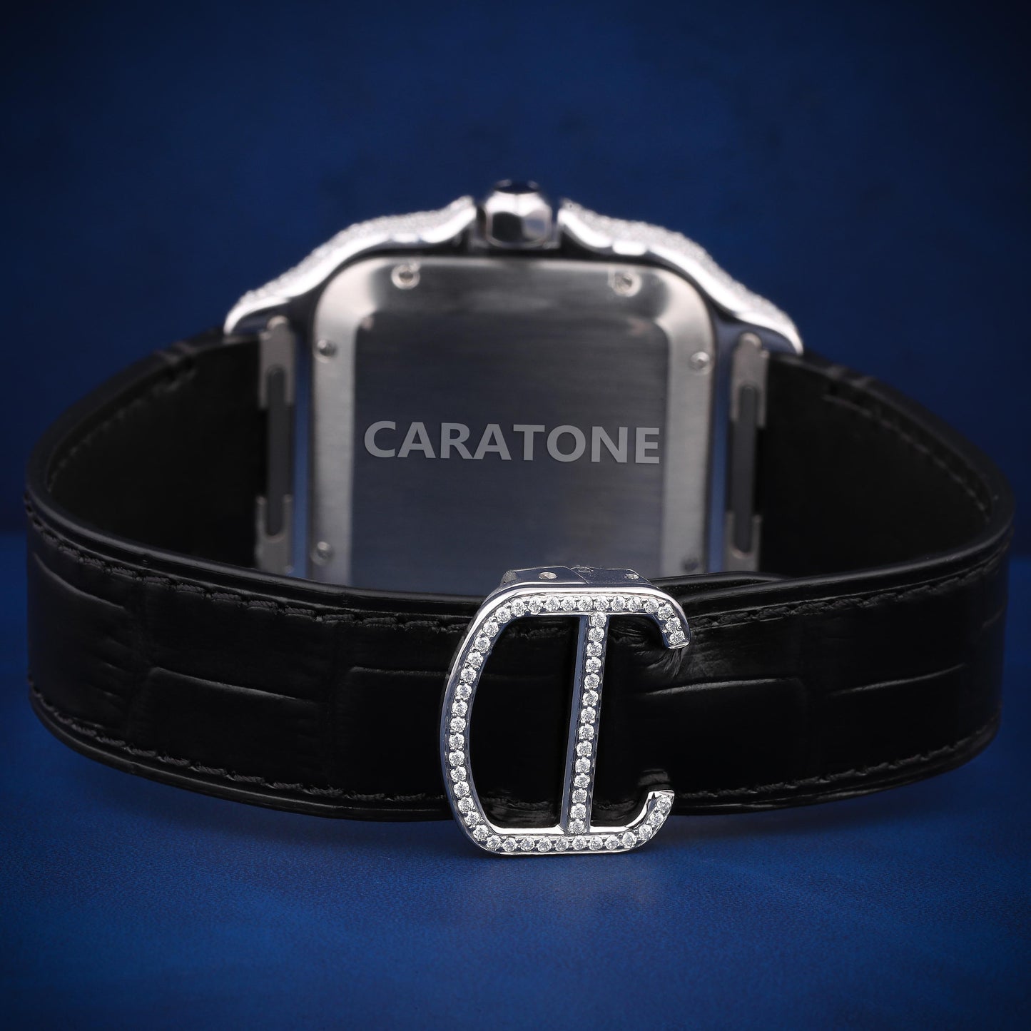 Hip hop custom made black leather strap with half iced out watch