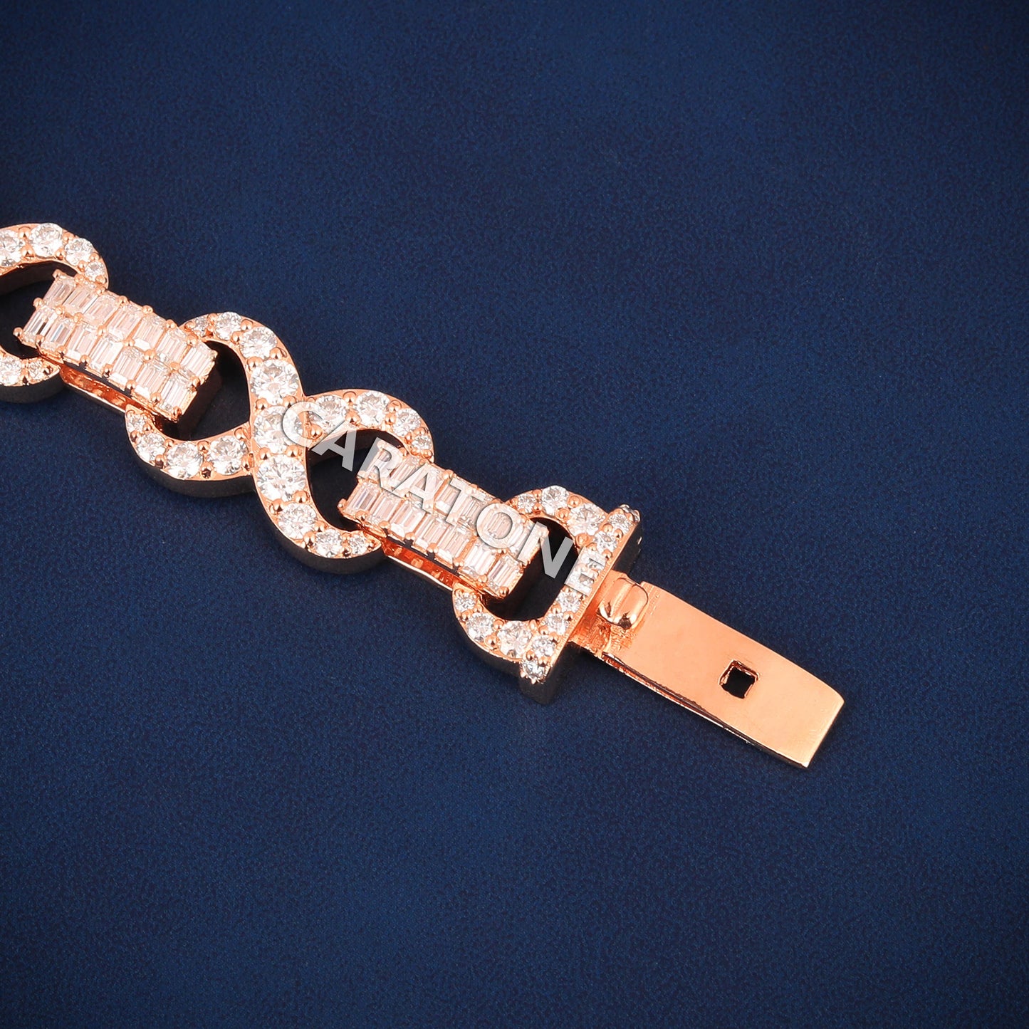 Rose Gold Infinity Bracelet Fully Iced Out with Baguette and Round Cut Diamonds for Hip Hop