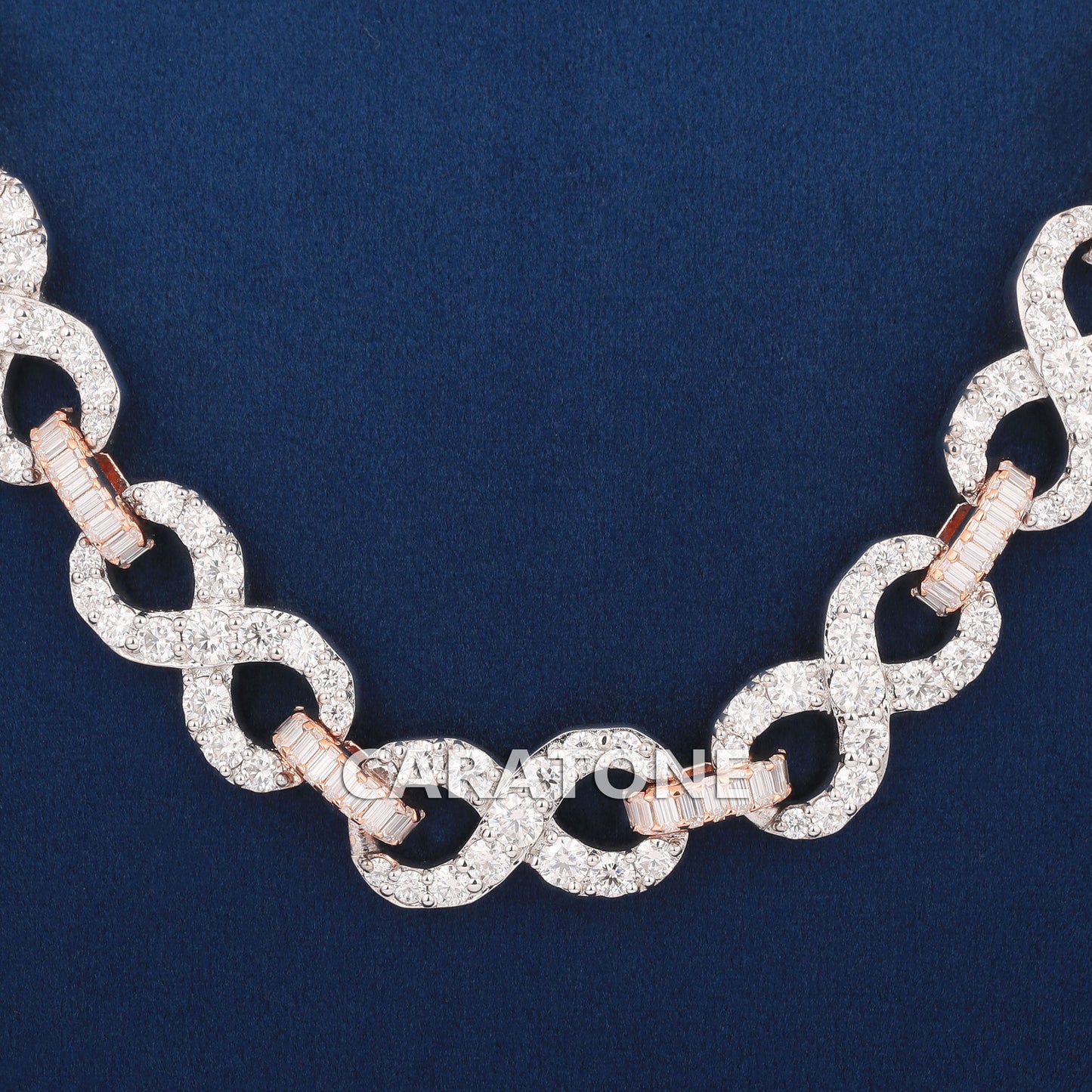 Custom made infinity link necklace baguette and round cut diamond chain