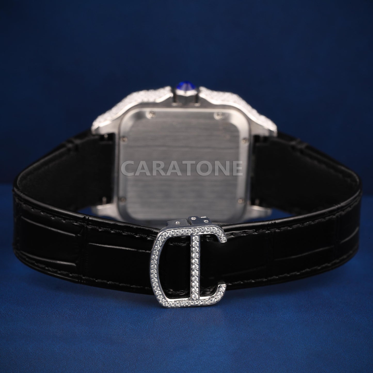 Half iced out without dial with Black leather band branded watch