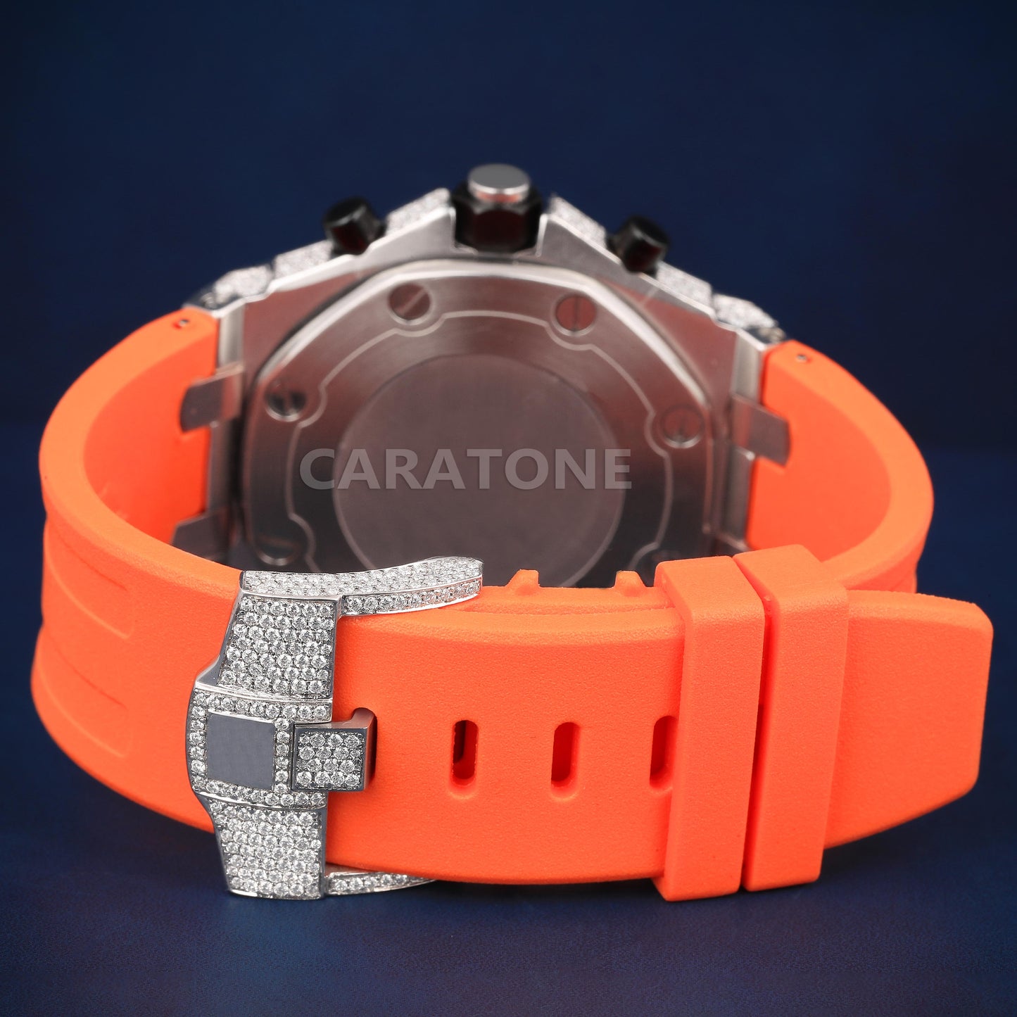 Hip hop half iced out with orange band branded watch with Arabic numerals in it