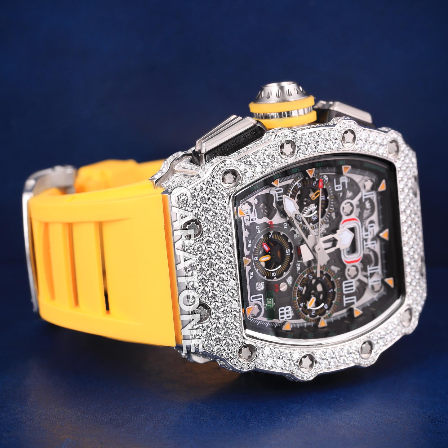 Half iced out without dial hip hop branded watch with yellow band with D VVS clarity