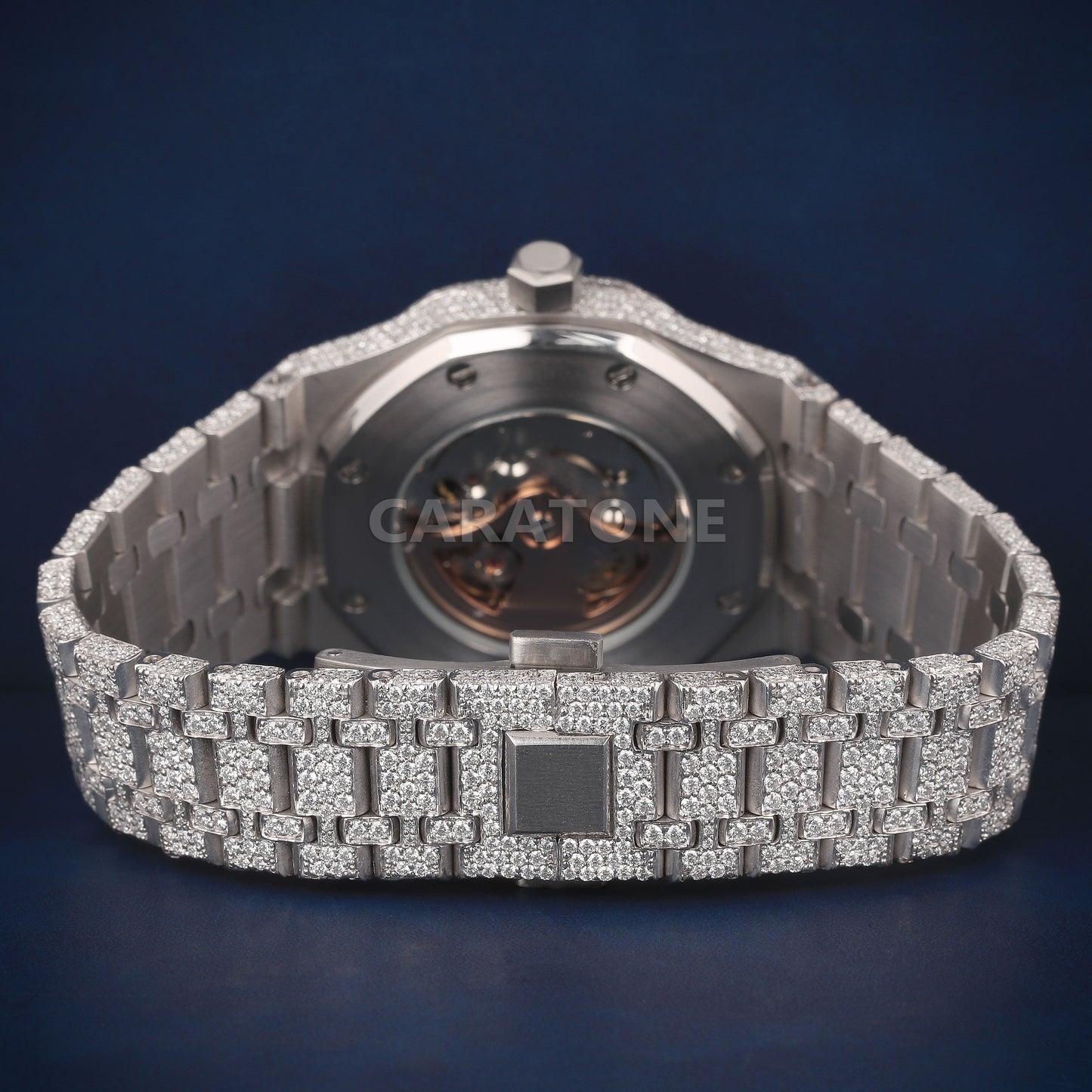 Full iced out Hip hop branded watch in white tone with sky blue Arabic numerals D VVS clarity