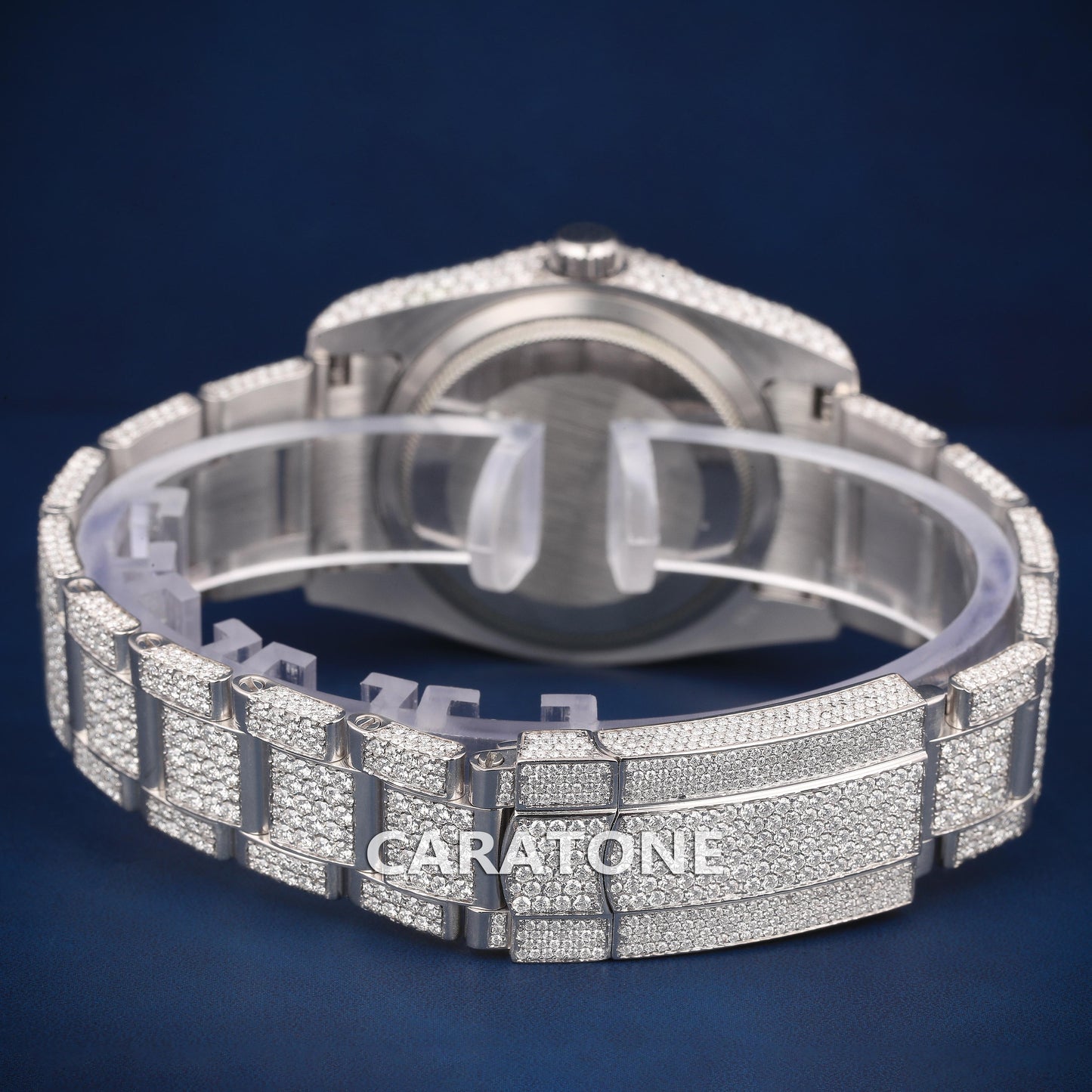 Full iced out Hip hop branded watch in silver tone with Arabic numerals
