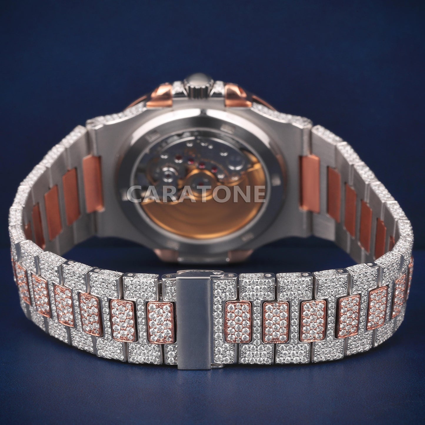Full iced out without dial hip hop custom made watch with two tone and blue dial