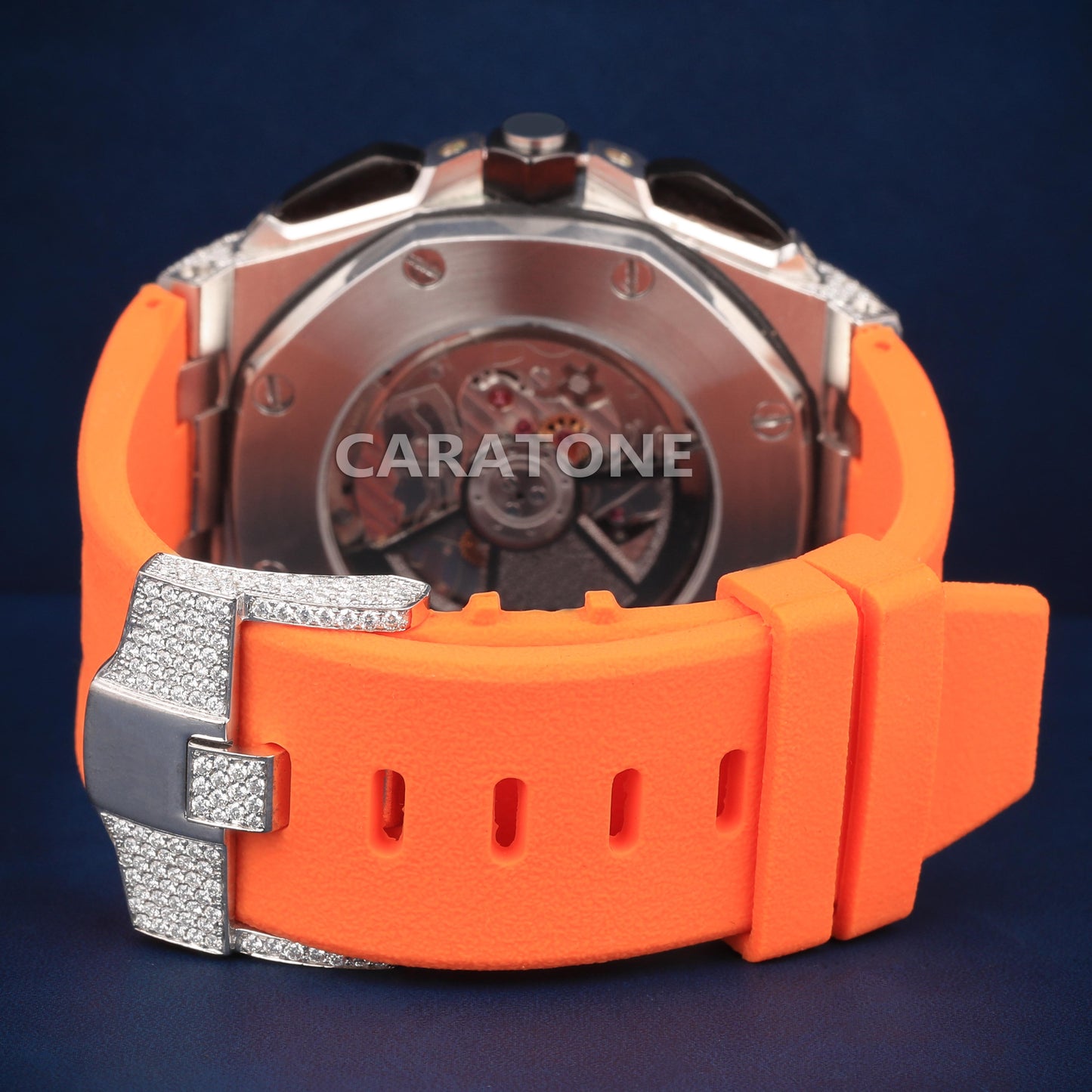 Half iced out dial Hip hop branded watch with orange Band