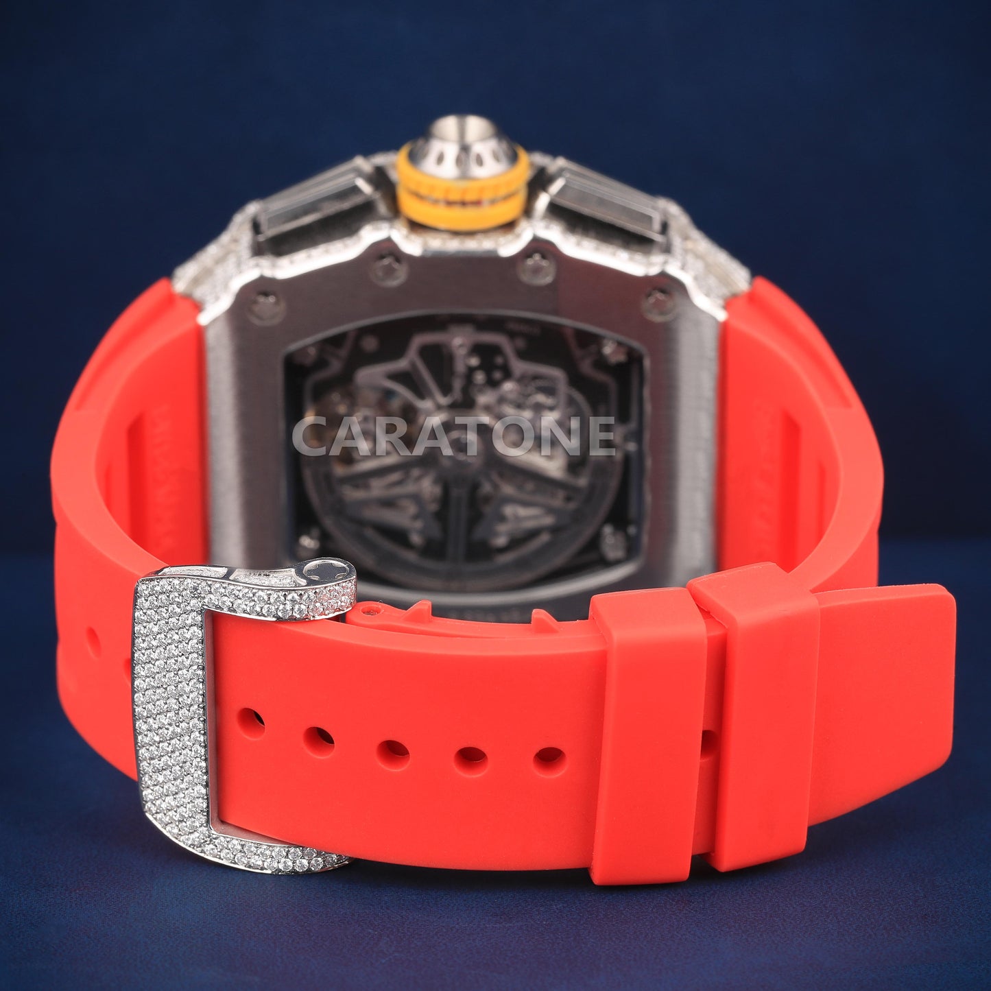 Red band half iced out without dial branded watch with D VVS Clarity