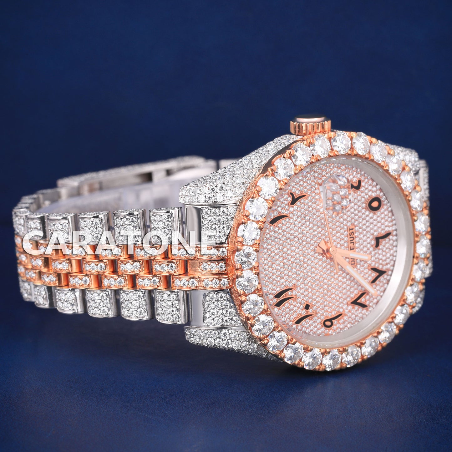 Luxury Fully Customized Watches Two Tone Arabic Dial Hiphop Watches Silver and Rose Iced Out Diamond Mens Watches