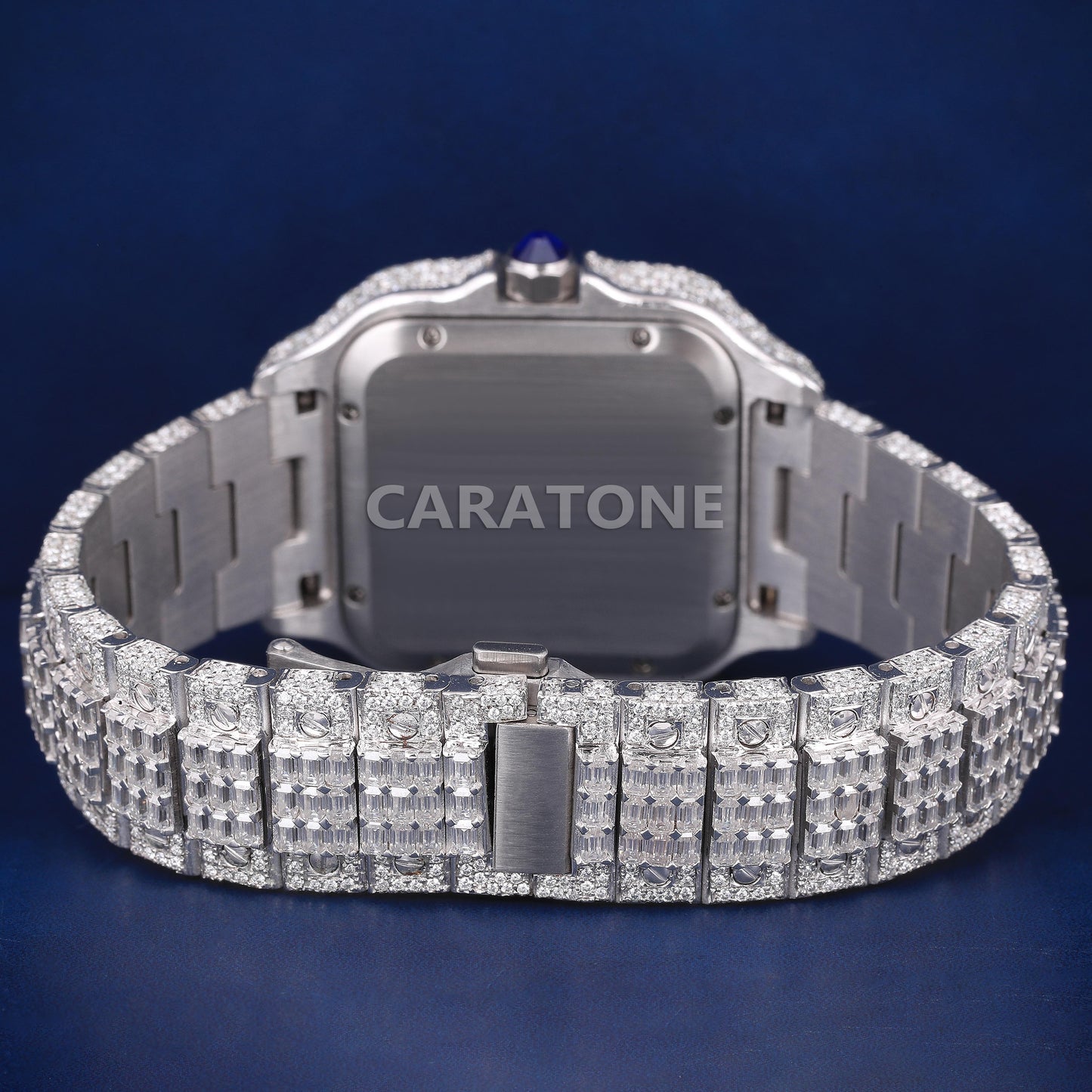 Full iced out hip hop custom made branded watch with round and baguette diamonds in white tone