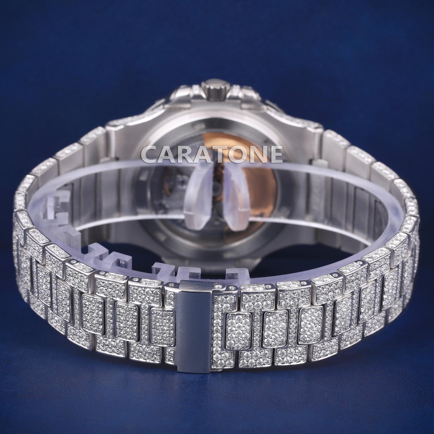 Fully white tone iced out hip hop custom made branded watch with baguette inside the dial