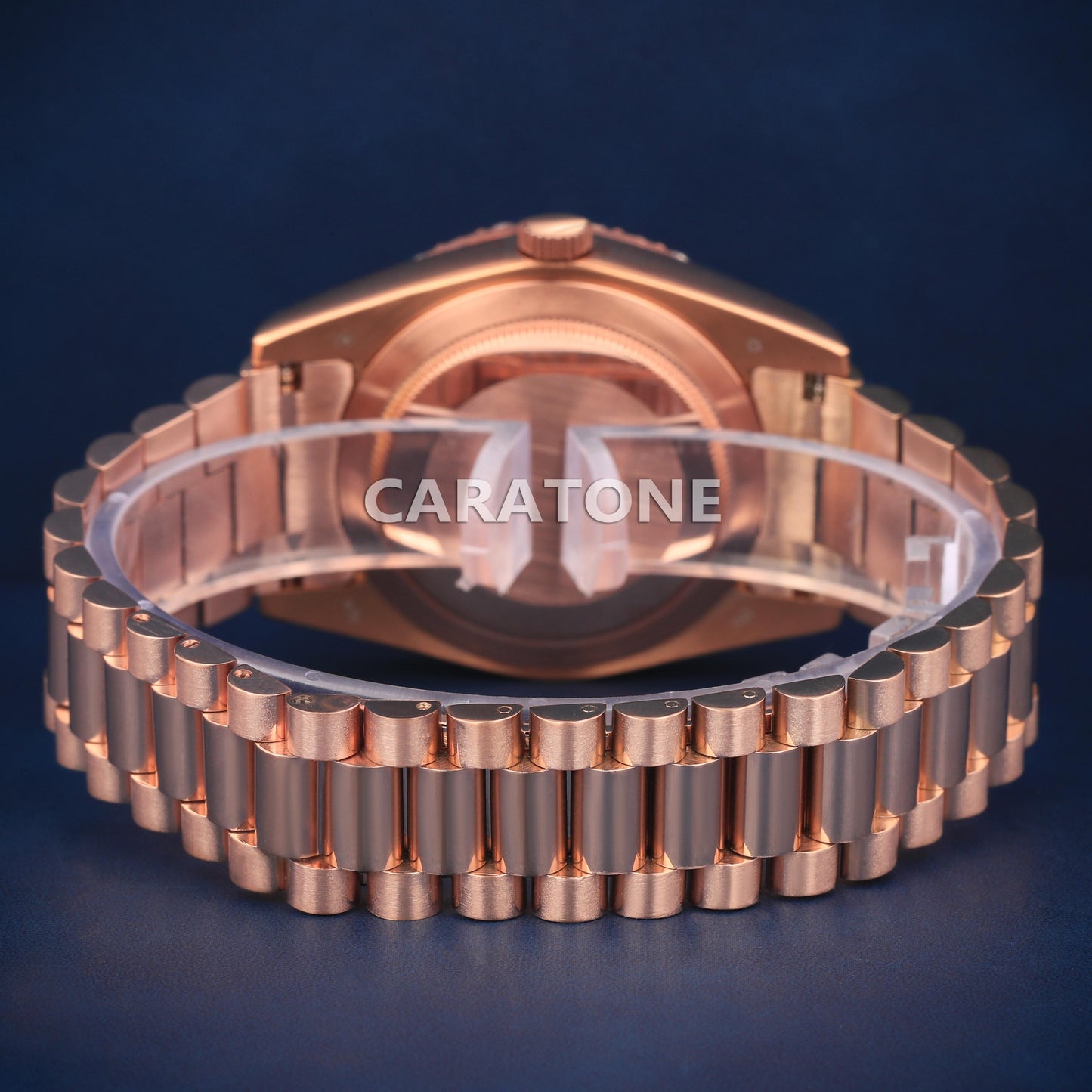 Half iced out without dial Hip hop branded watch in rose gold tone with green dial
