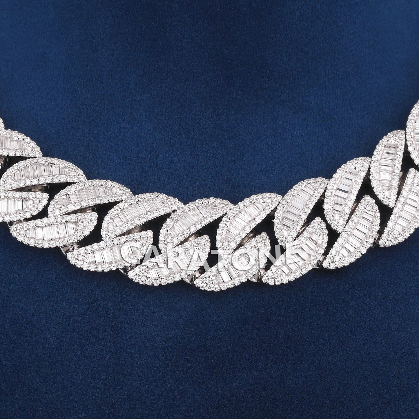 18 inch 20 mm baguette diamond Cuban chain in white gold with fully iced box clasp