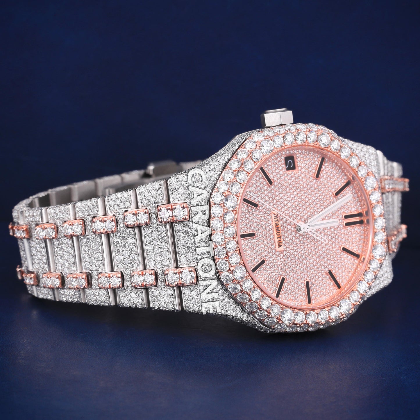 Full iced out hip hop branded watch with two tone and it is of D VVS clarity