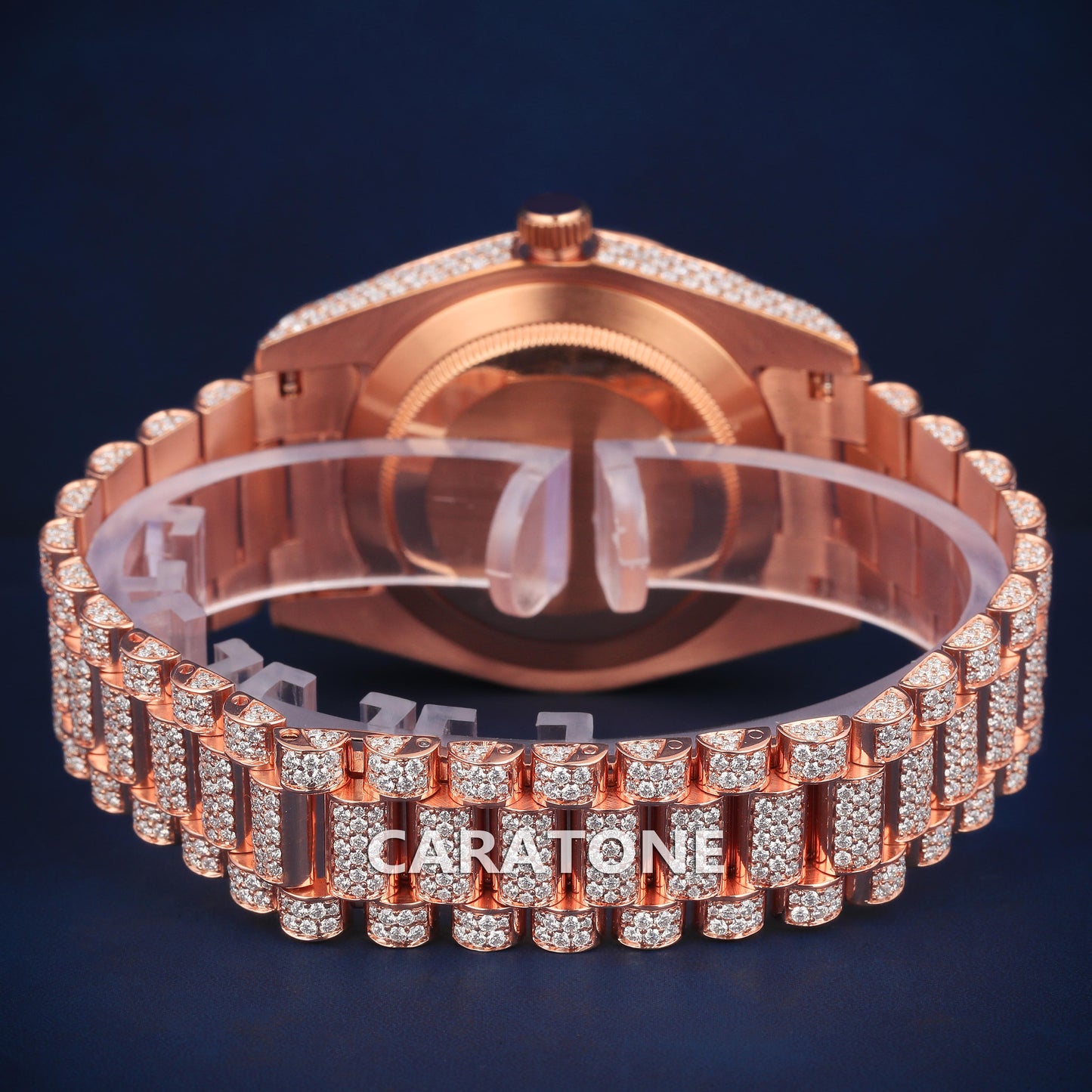 Full Iced out Hip Hop branded watch in Rose gold tone and with diamond tester passed