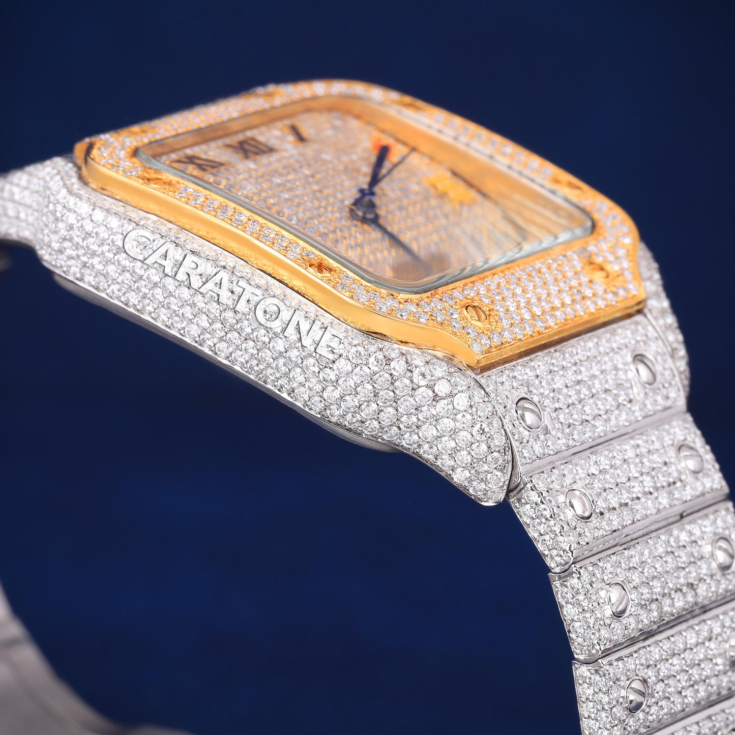 Two tone full iced out hip hop custom made watch with colourful roman numerals in it
