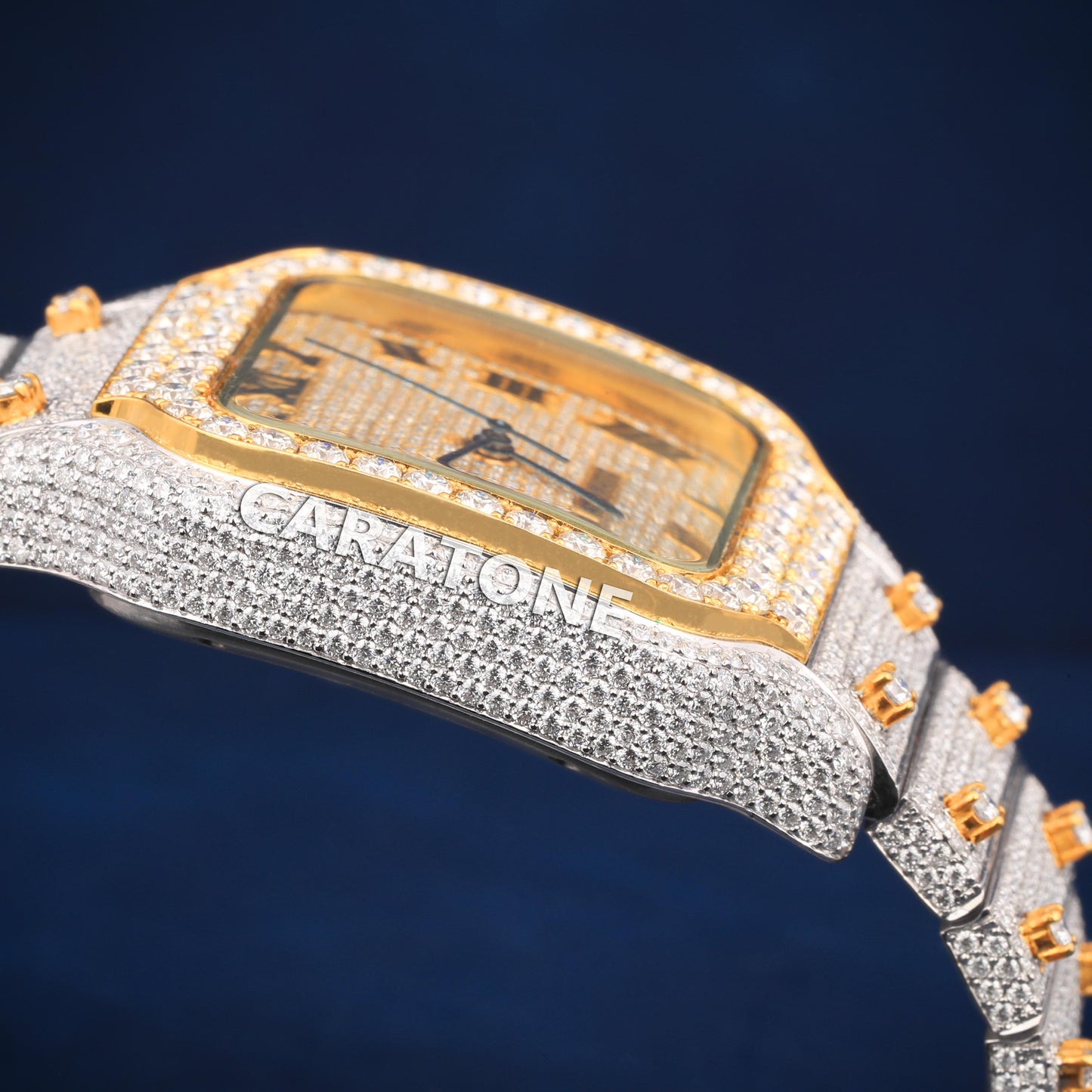 Hip hop two tone branded watch with Roman numerals and full iced out