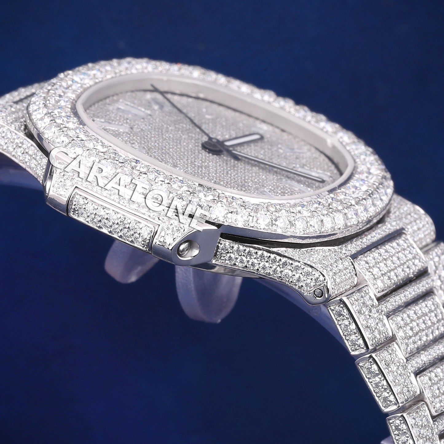 Fully white tone iced out hip hop custom made branded watch with baguette inside the dial