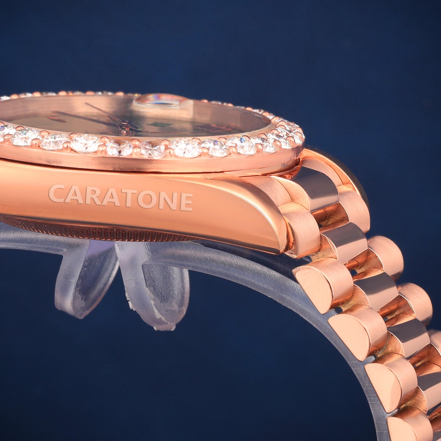 Half iced out without dial Hip hop branded watch in rose gold tone with green dial