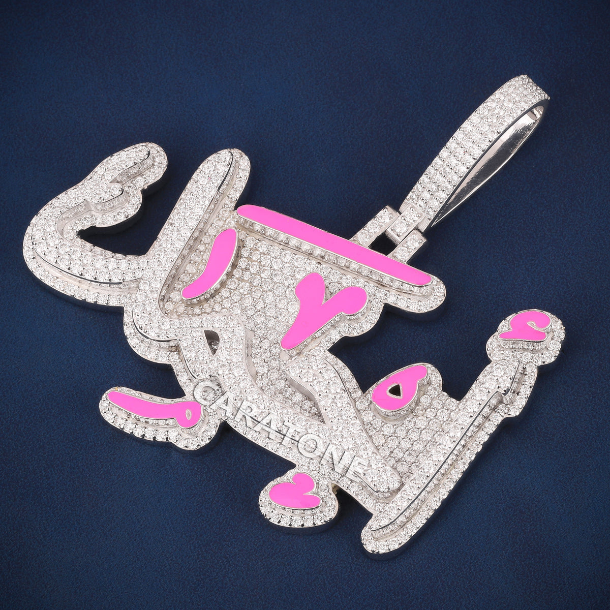 Custom Iced Out Arabic Calligraphy Hip Hop Pendant with Pink Enamel & Lab Grown Diamonds