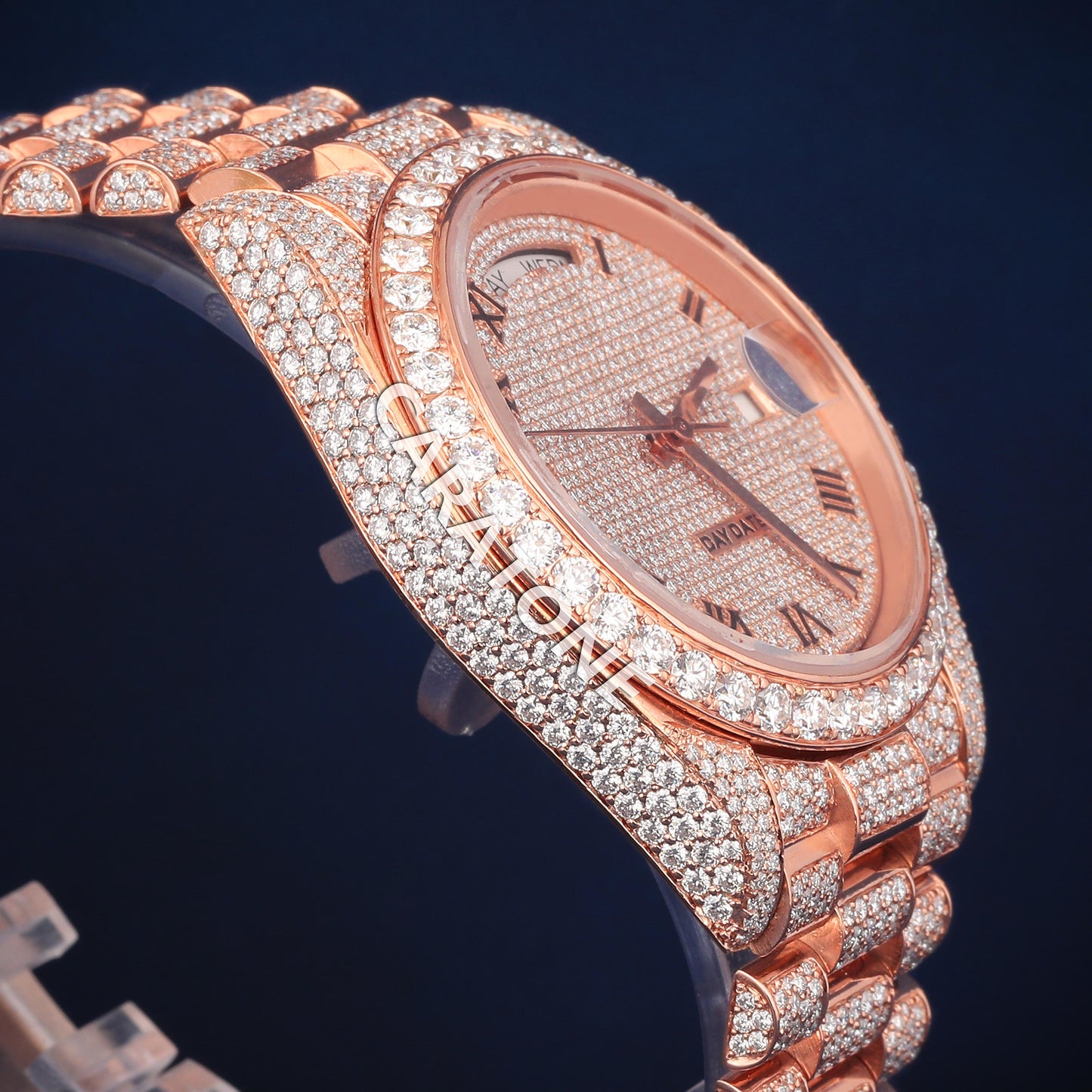 Full Iced out Hip Hop branded watch in Rose gold tone and with diamond tester passed