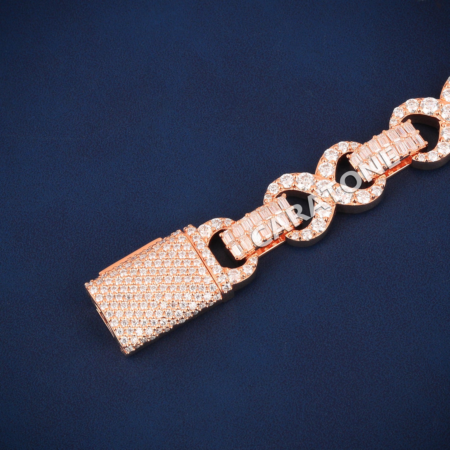 Rose Gold Infinity Bracelet Fully Iced Out with Baguette and Round Cut Diamonds for Hip Hop
