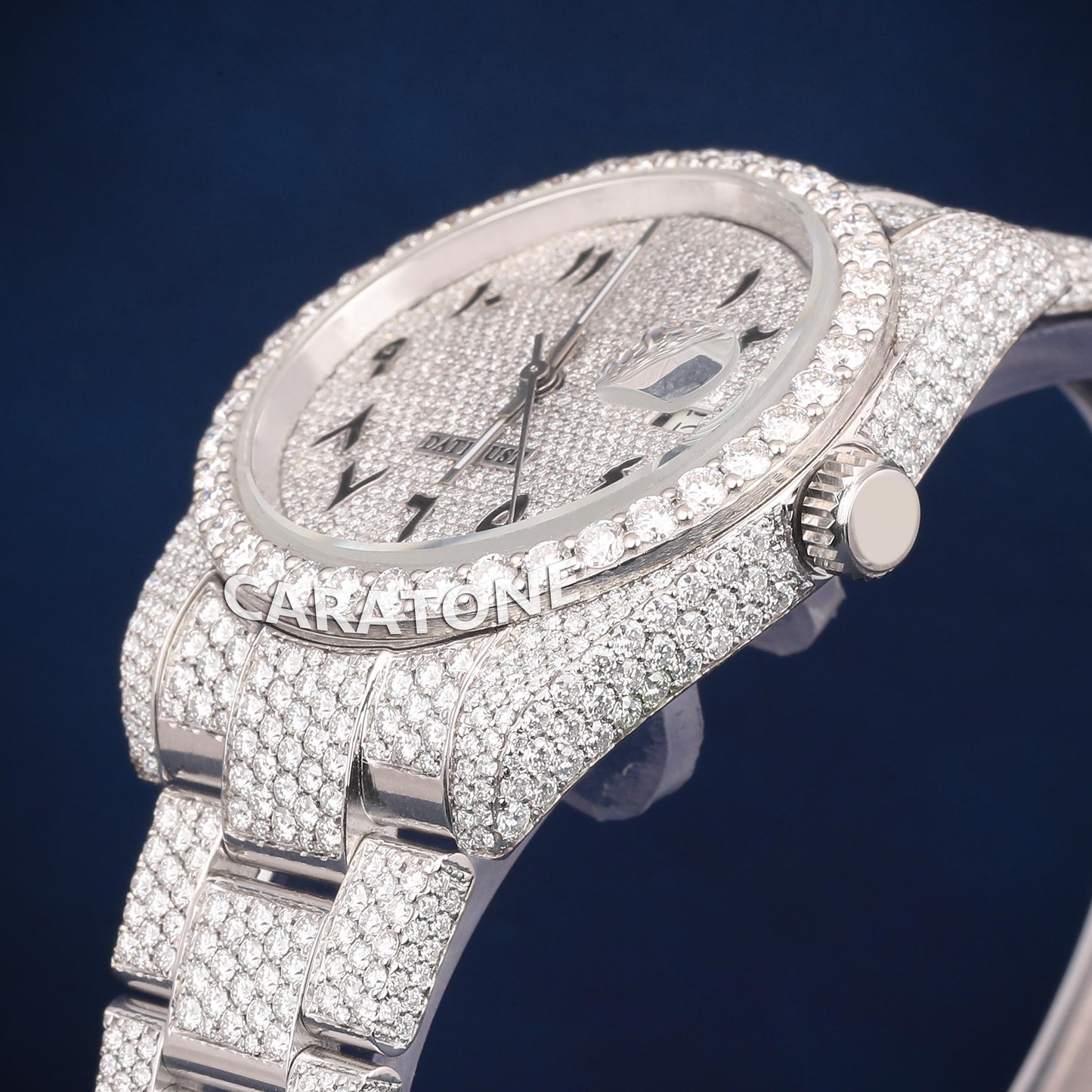Full iced out Hip hop branded watch in silver tone with Arabic numerals