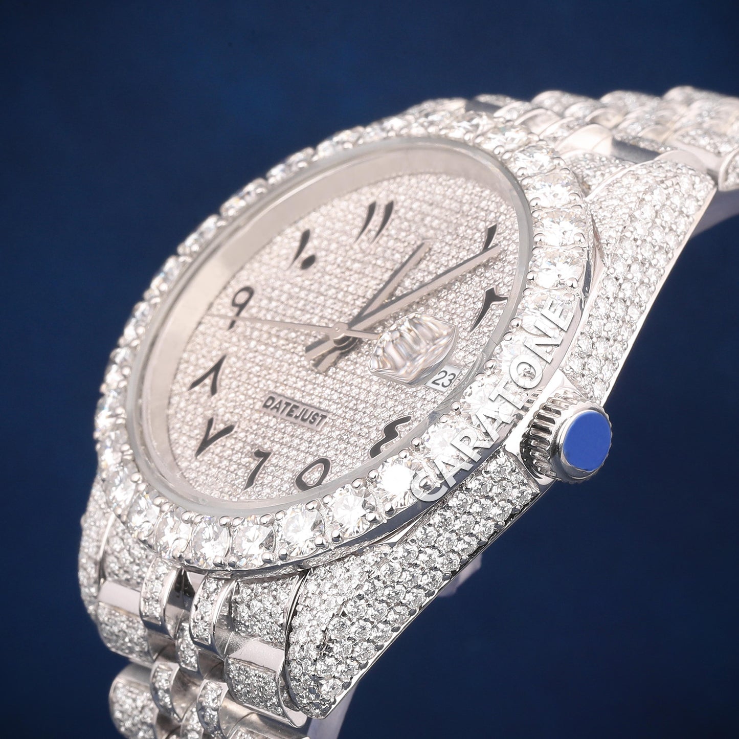 Hip hop Full iced out silver tone branded watch with Arabic numerals