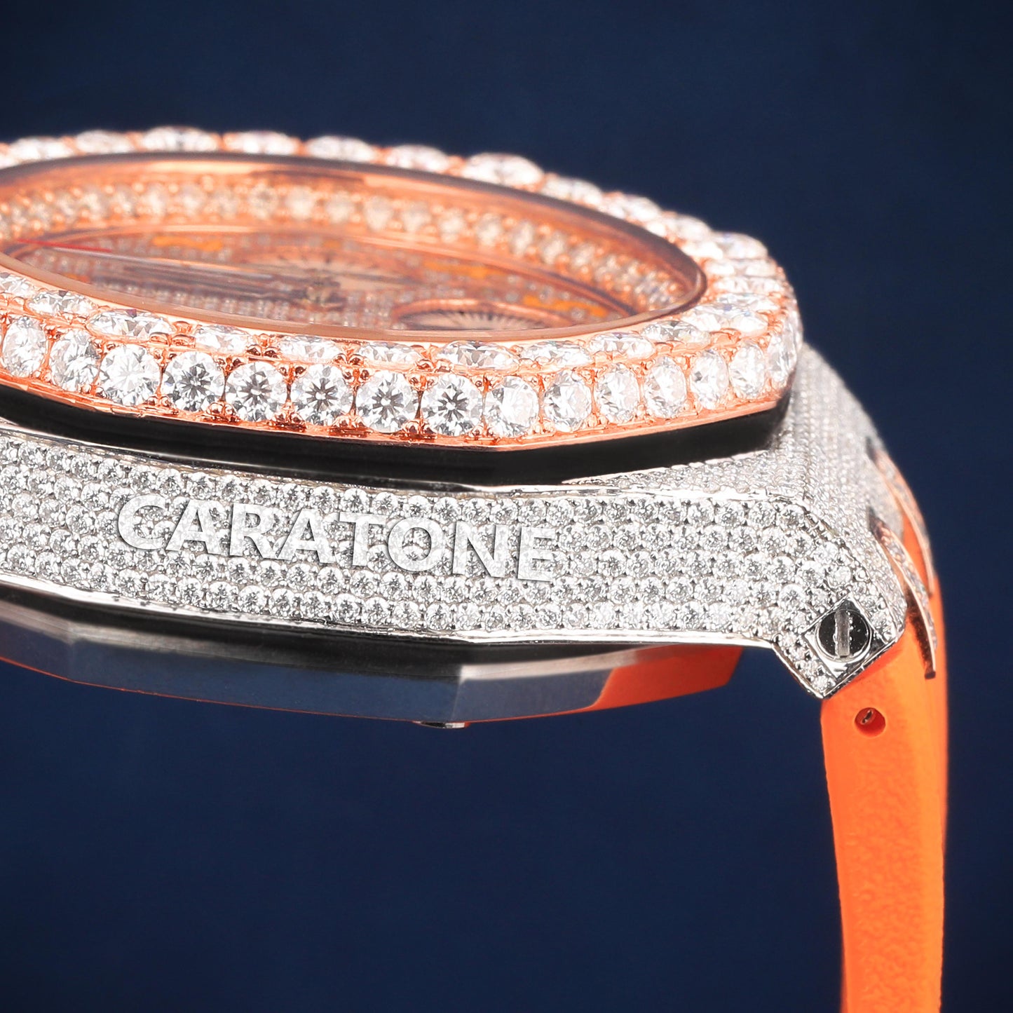 Half iced out dial Hip hop branded watch with orange Band