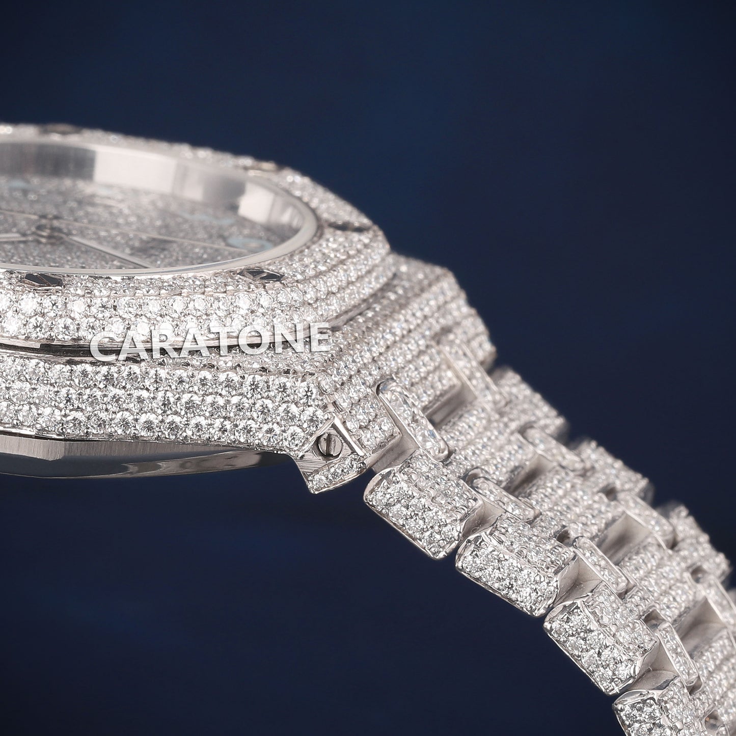Full iced out Hip hop branded watch in white tone with sky blue Arabic numerals D VVS clarity