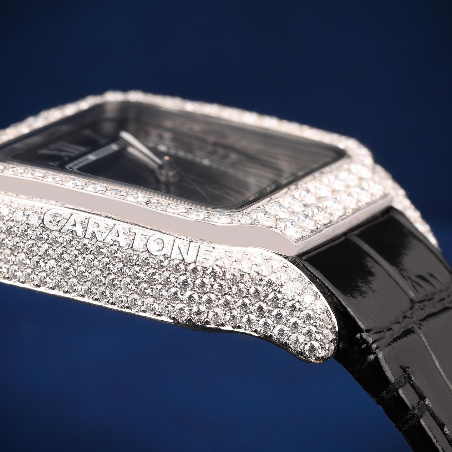 Half iced out without dial with Black leather band branded watch