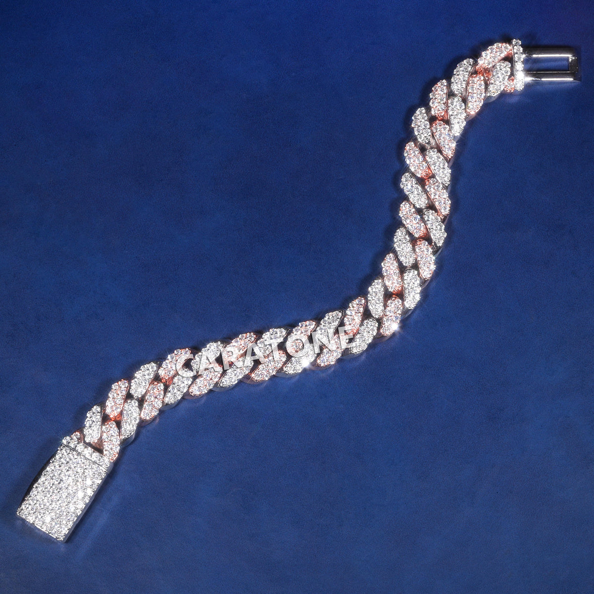 Two Tone Rose Gold & White Gold Fully Iced Out Diamond Cuban Link Bracelet with Pavé Box Clasp