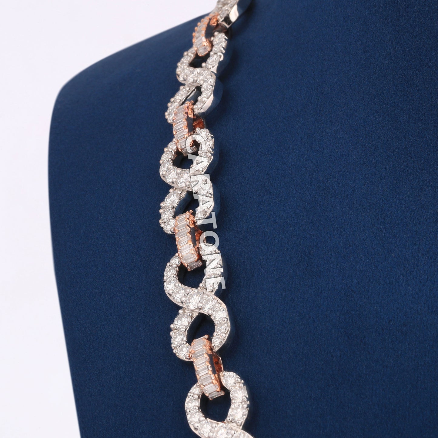 Custom made infinity link necklace baguette and round cut diamond chain