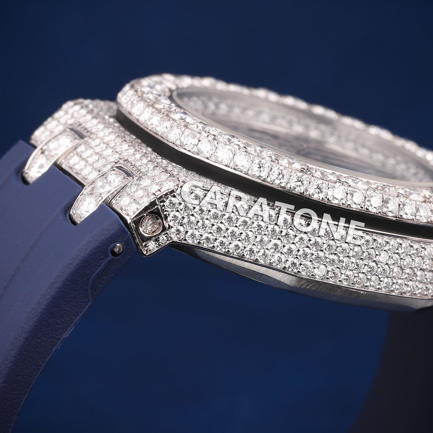 Half iced out Hip hop branded Custom made watch with Blue band and diamond tester passed