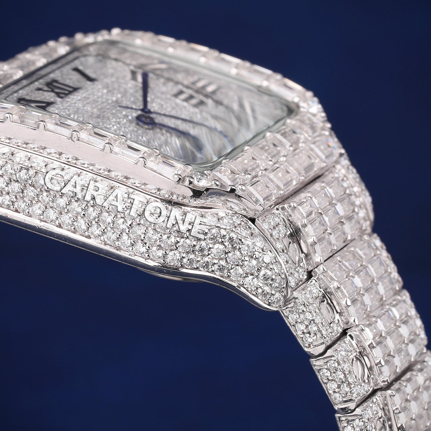Full iced out hip hop custom made branded watch with round and baguette diamonds in white tone