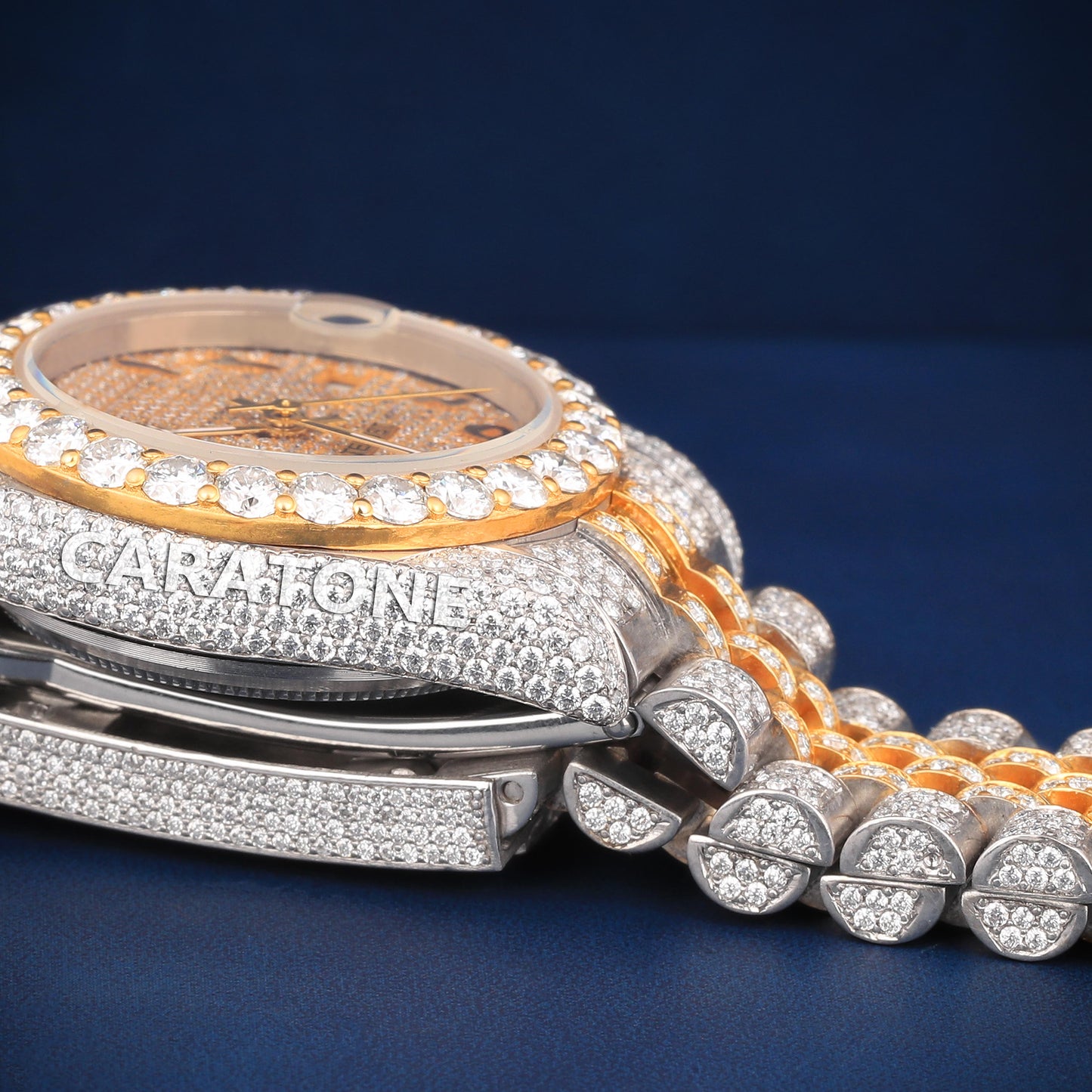 Full iced out Hip hop branded watch in two tone in Arabic numerals with D VVS clarity