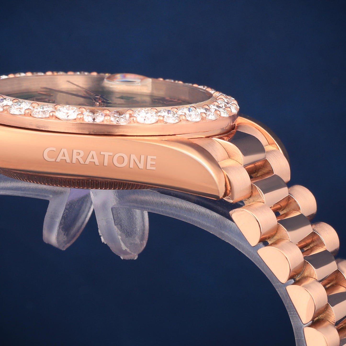 Half iced out without dial Hip hop branded watch in Rose gold tone with D VVS clarity