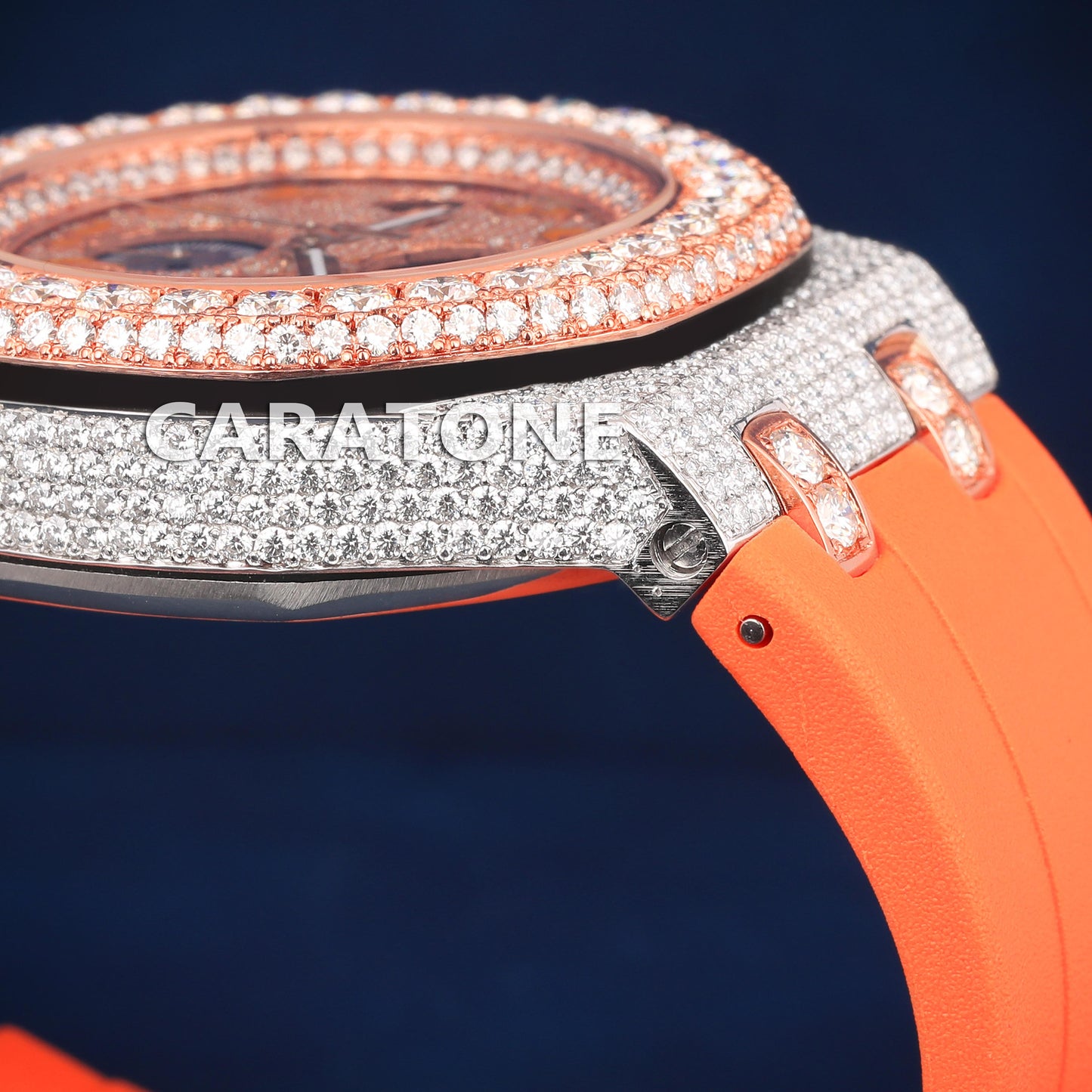 Hip hop half iced out with orange band branded watch with Arabic numerals in it