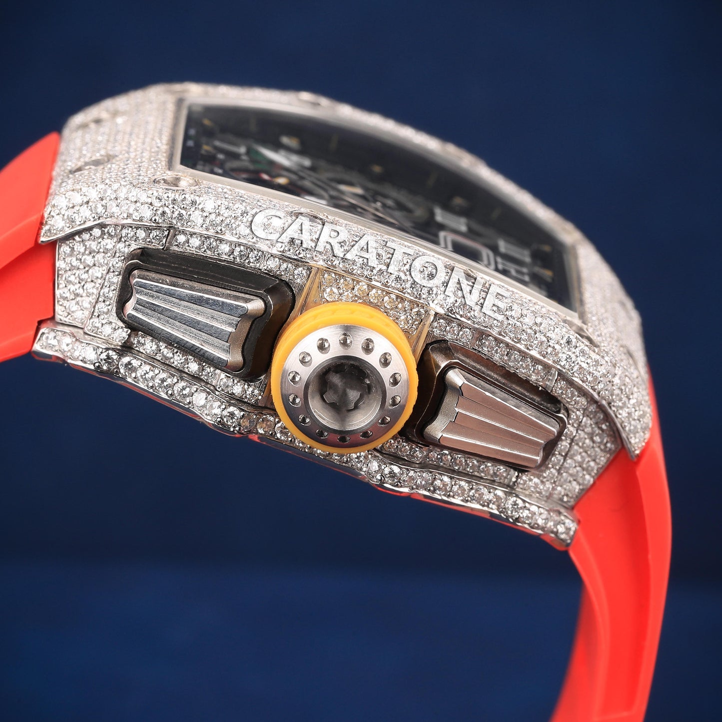 Red band half iced out without dial branded watch with D VVS Clarity