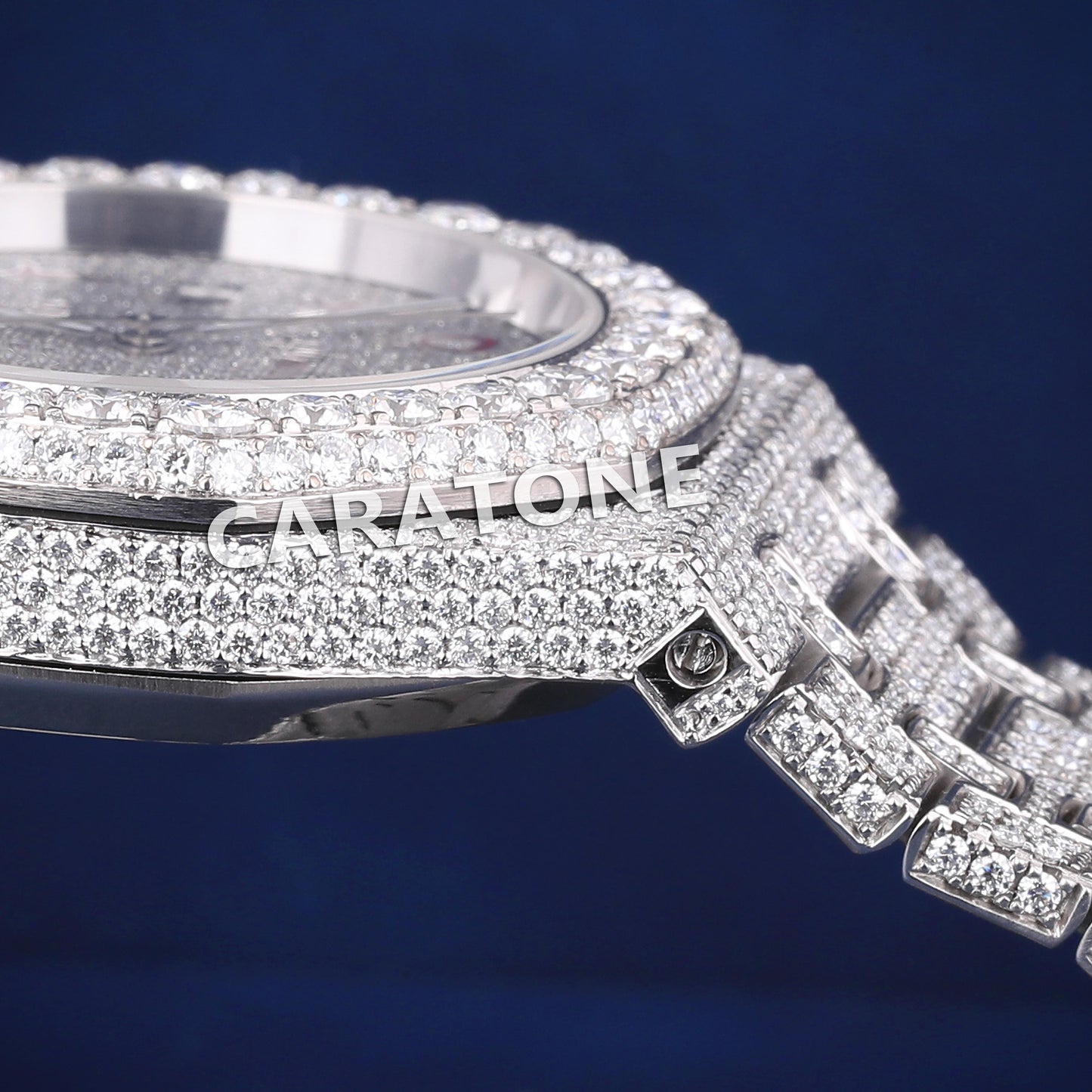 Fully white tone iced out hip hop custom made watch with red arabic numerals in it
