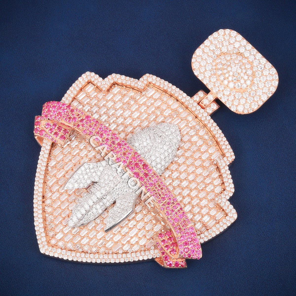Two-Tone Spartan Shield Hip Hop Pendant with Pink Stone Banner & Lab Grown Diamonds