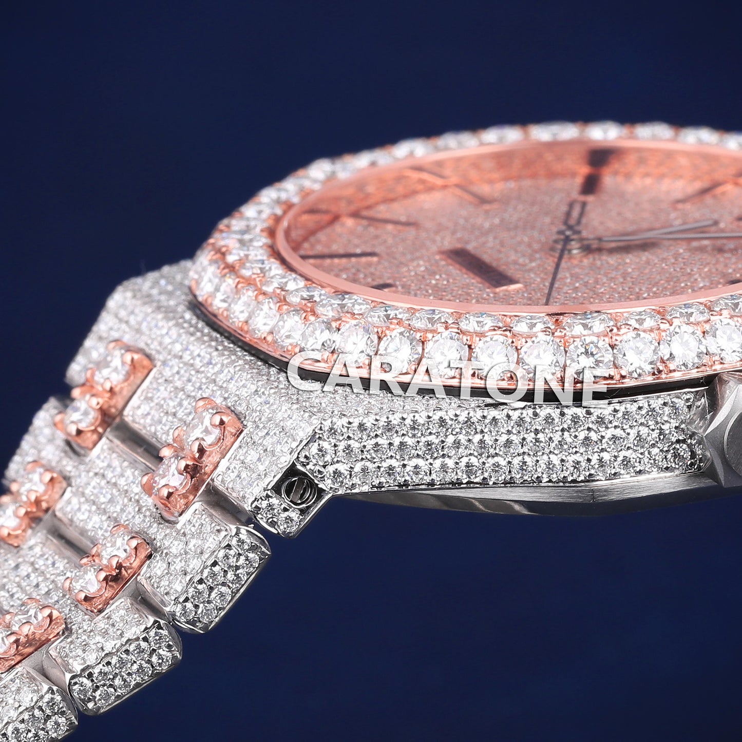 Full iced out hip hop branded watch with two tone and it is of D VVS clarity