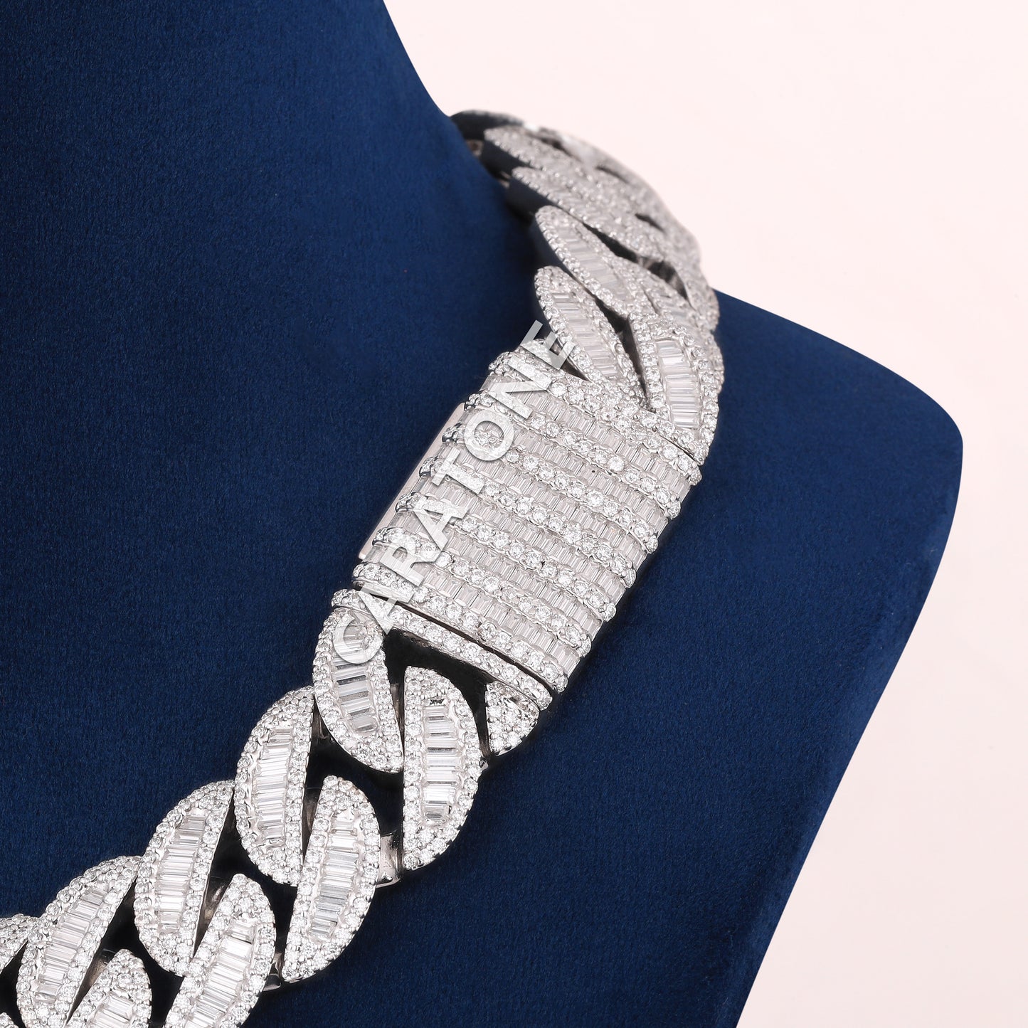 18 inch 20 mm baguette diamond Cuban chain in white gold with fully iced box clasp