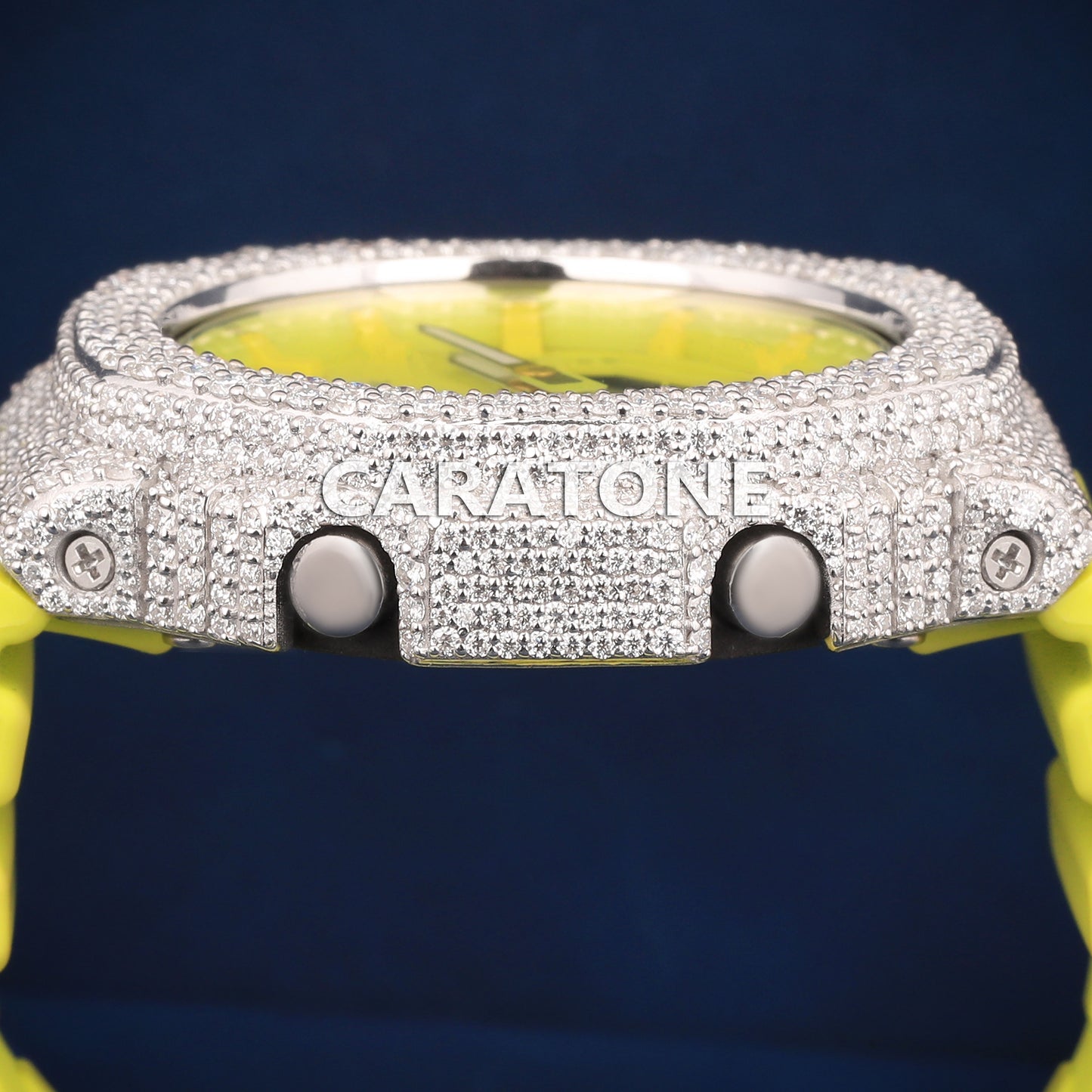 Half iced out without dial Hip hop branded watch with Yellow band and Diamond tester passed (Copy)