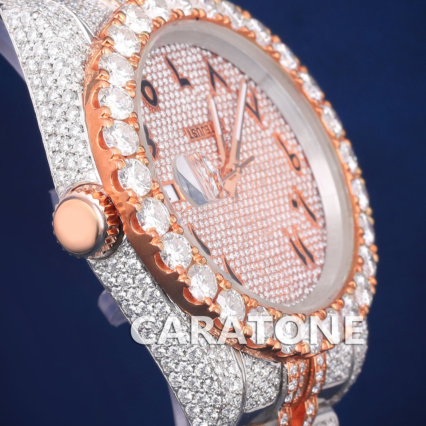 Luxury Fully Customized Watches Two Tone Arabic Dial Hiphop Watches Silver and Rose Iced Out Diamond Mens Watches
