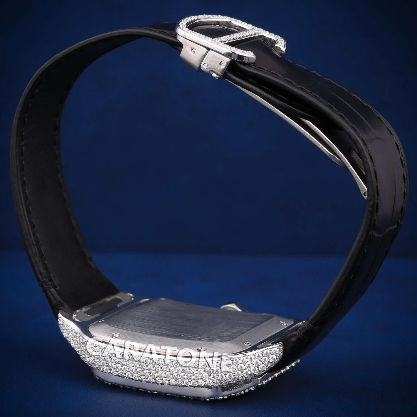 Hip hop custom made black leather strap with half iced out watch