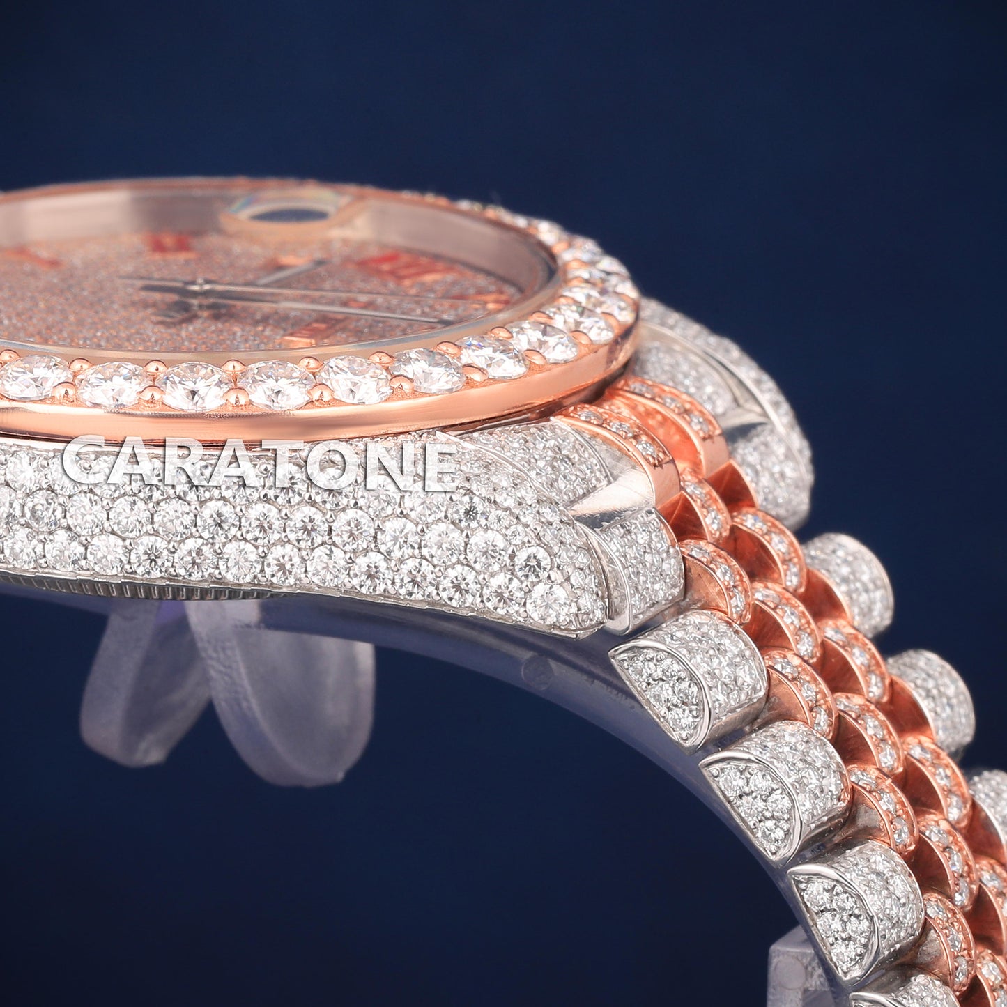 Full iced out Hip hop branded watch with two tone in Roman numerals with D VVS clarity