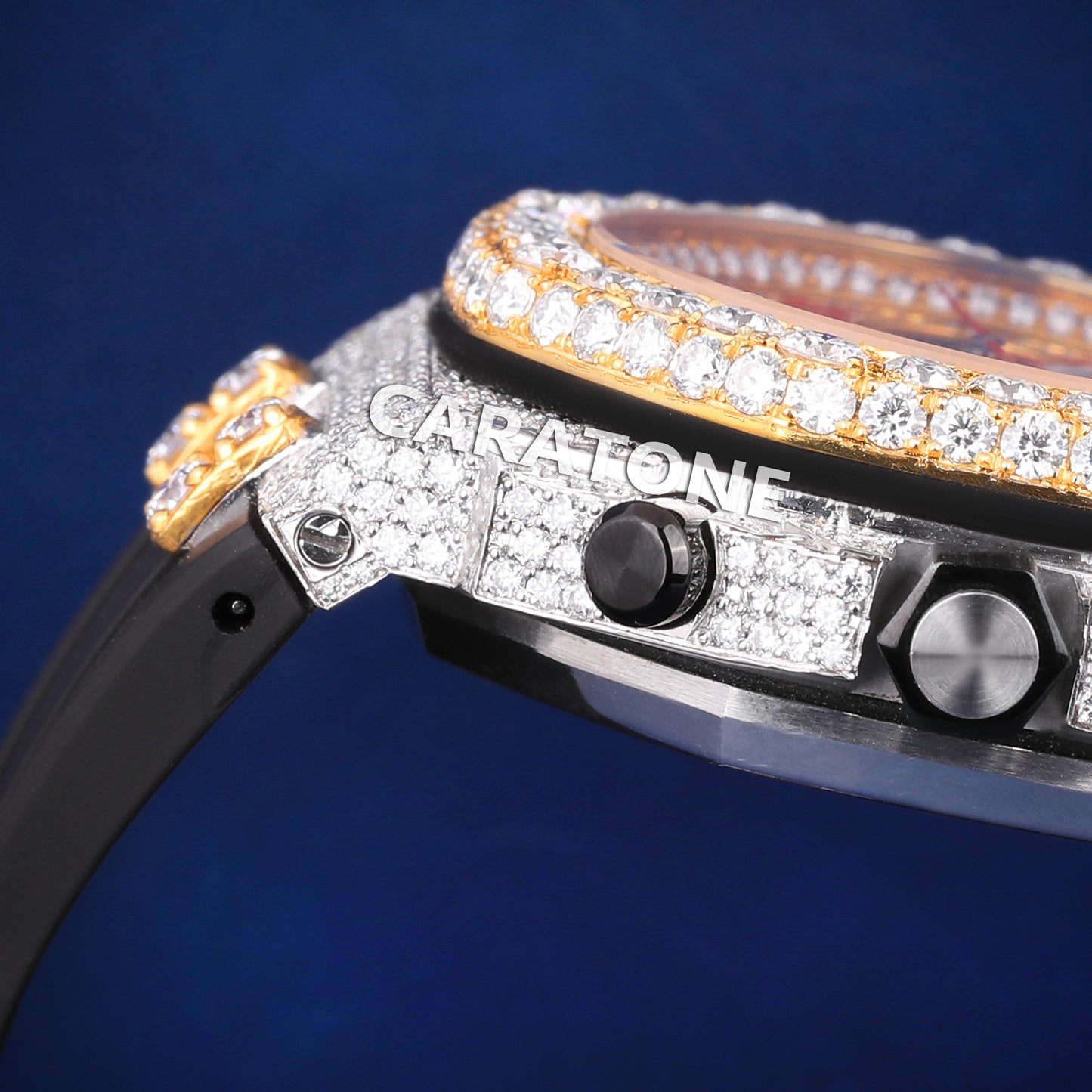 Two tone half iced out hip hop custom made watch with black band