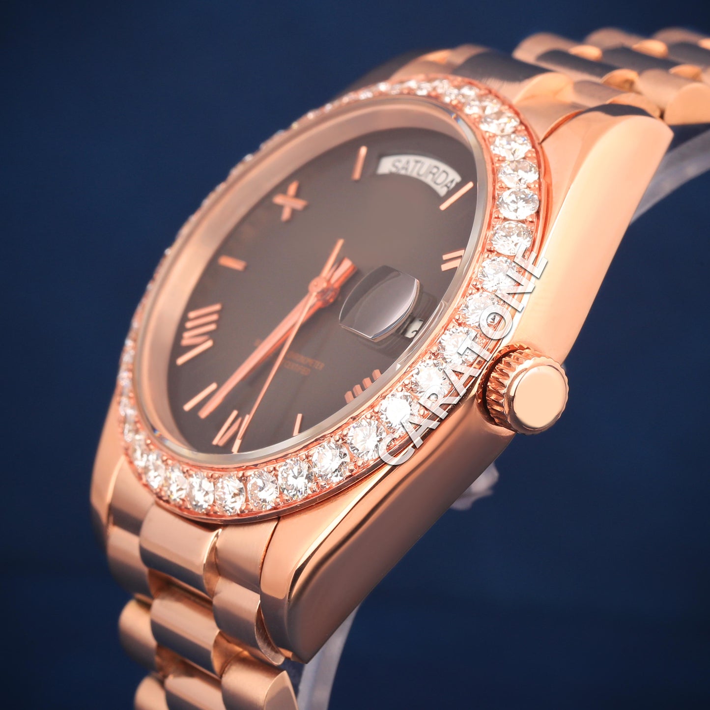 Half iced out without dial Hip hop branded watch in Rose gold tone with D VVS clarity