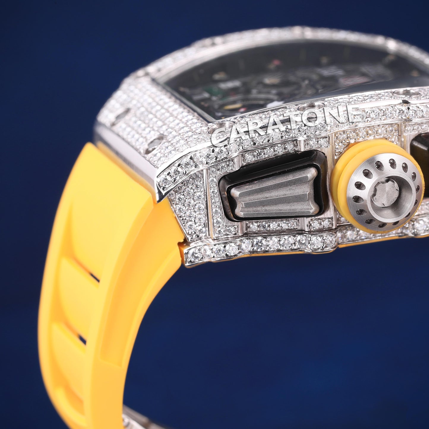 Half iced out without dial hip hop branded watch with yellow band with D VVS clarity