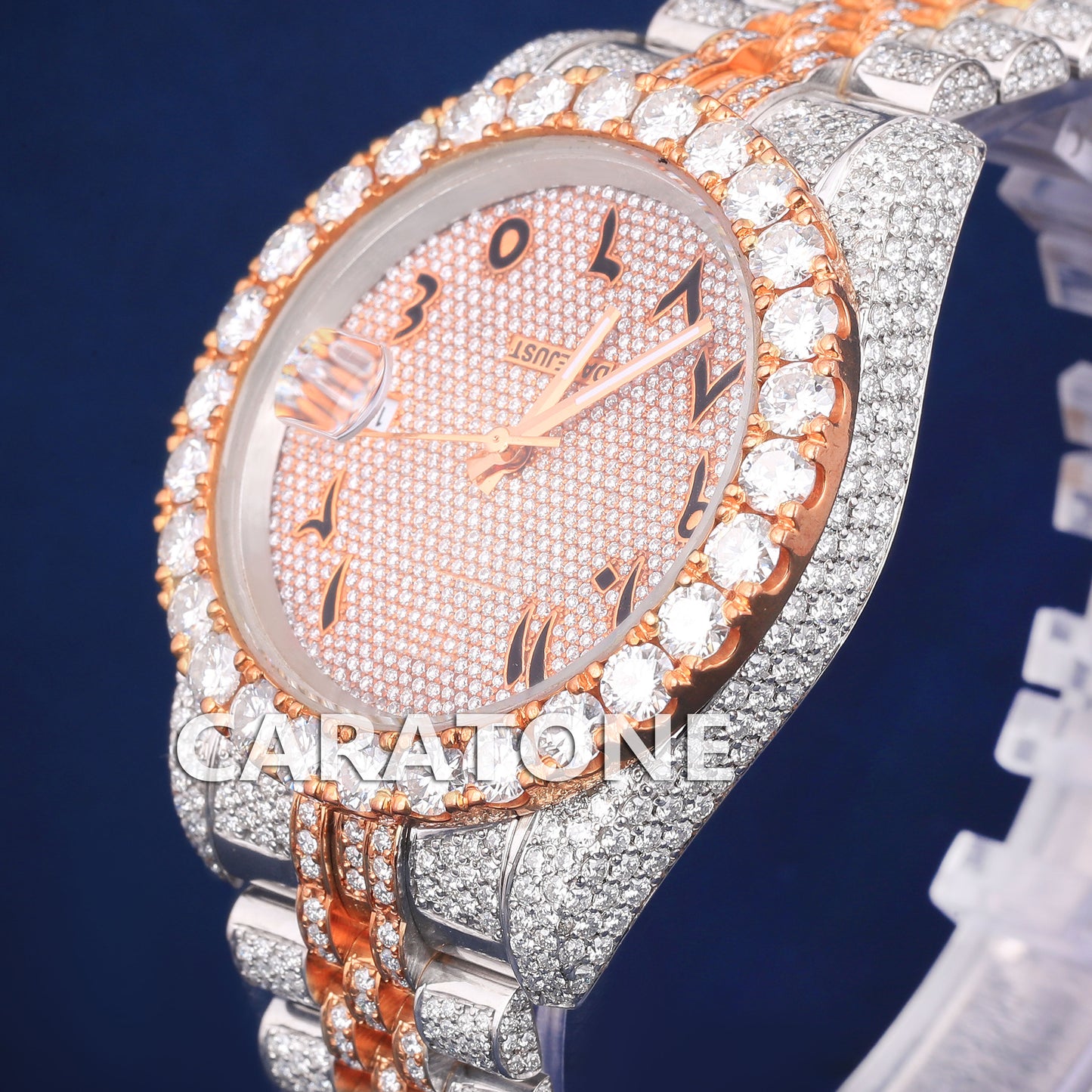 Luxury Fully Customized Watches Two Tone Arabic Dial Hiphop Watches Silver and Rose Iced Out Diamond Mens Watches